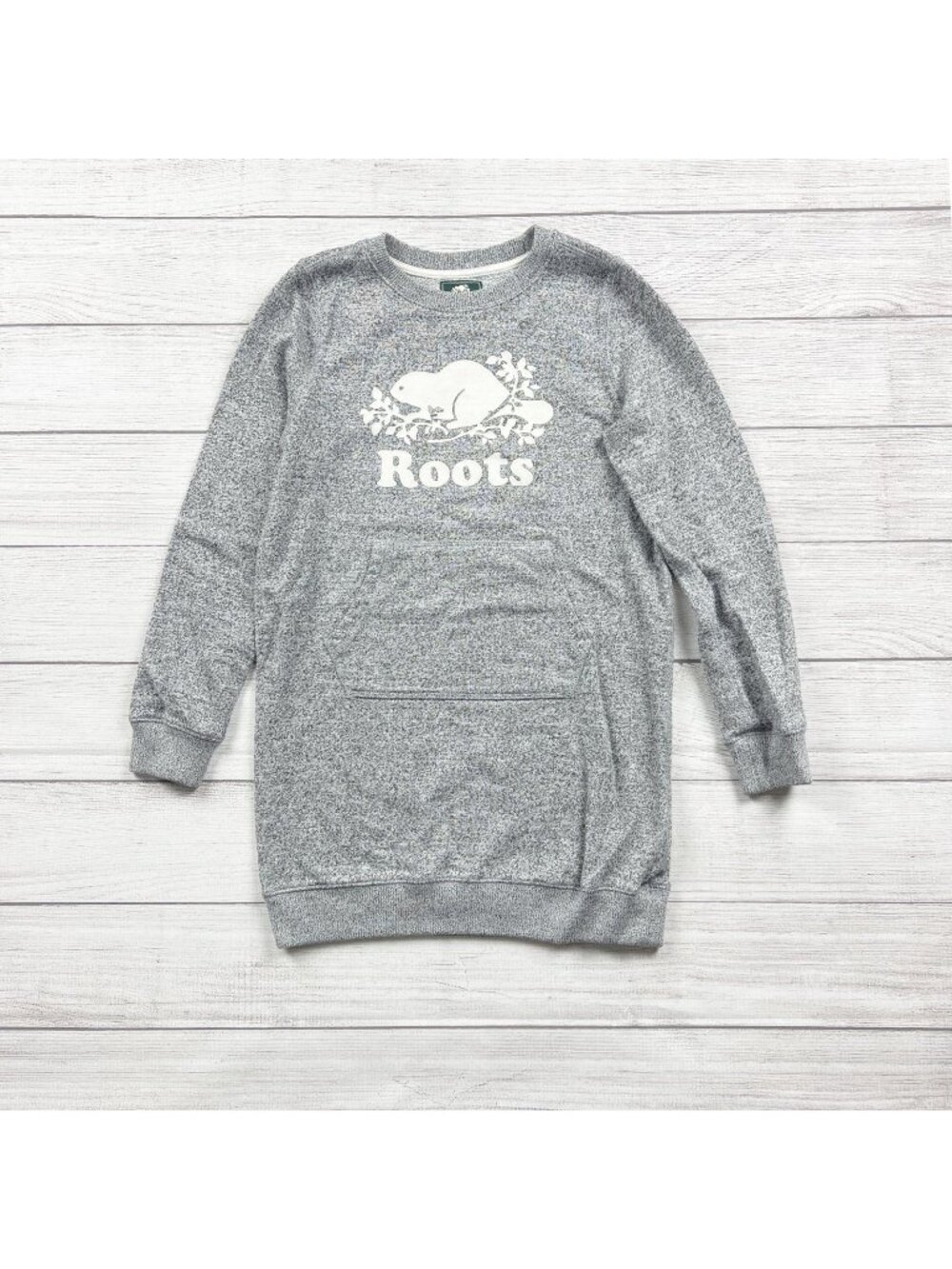 Roots Kids Heathered Gray Sweatshirt Dress Beaver Logo Kangaroo Pocket XL 11-12
